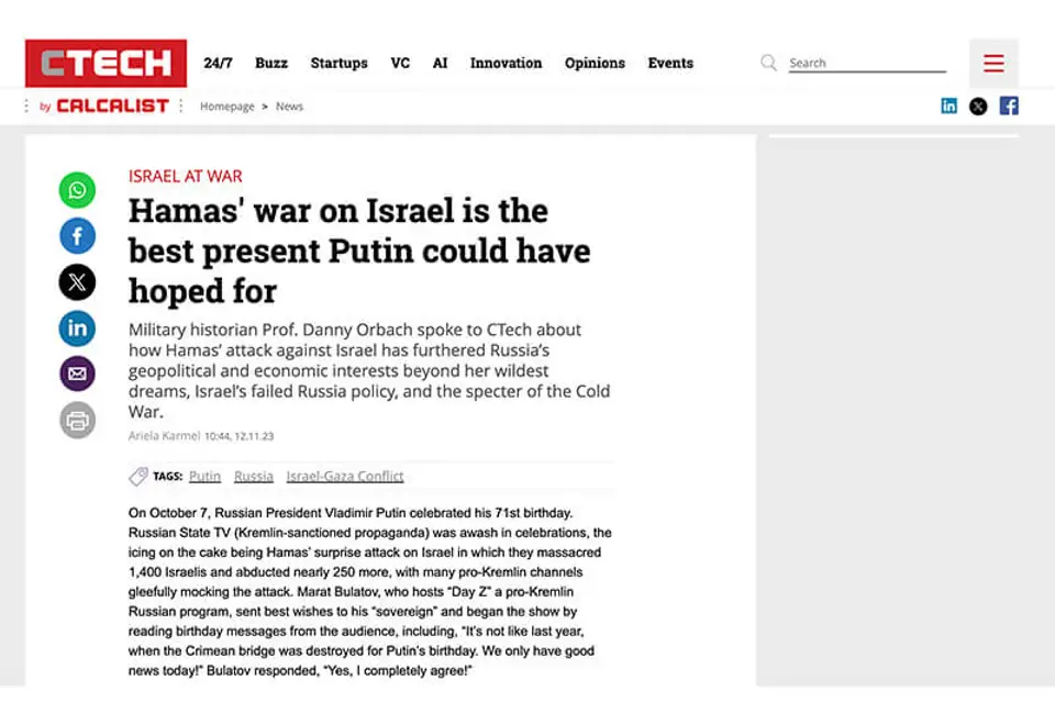 C-Tech Calcalist: Putin and the Israel-Hamas