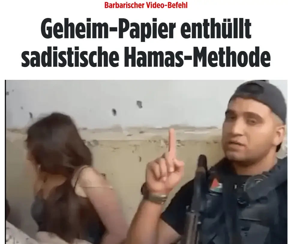 Bild headline on a secret Hamas document above a video still of an armed militant
