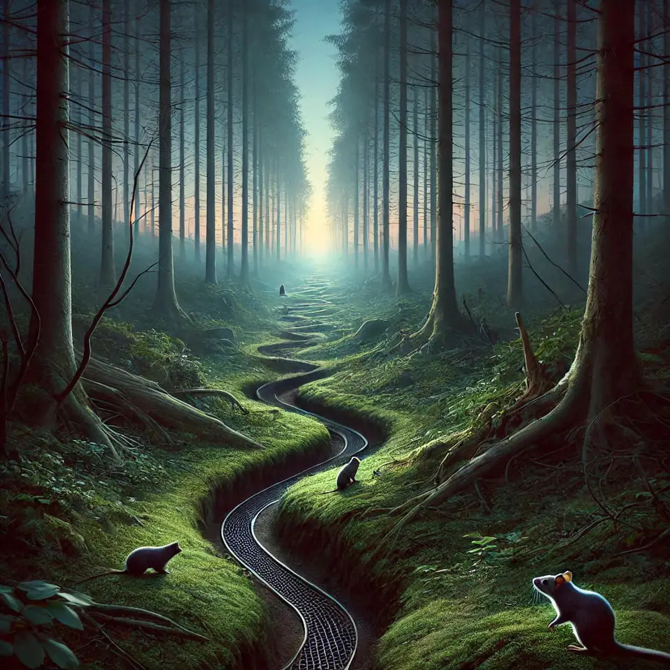 Rodents running along a winding path through a dark forest