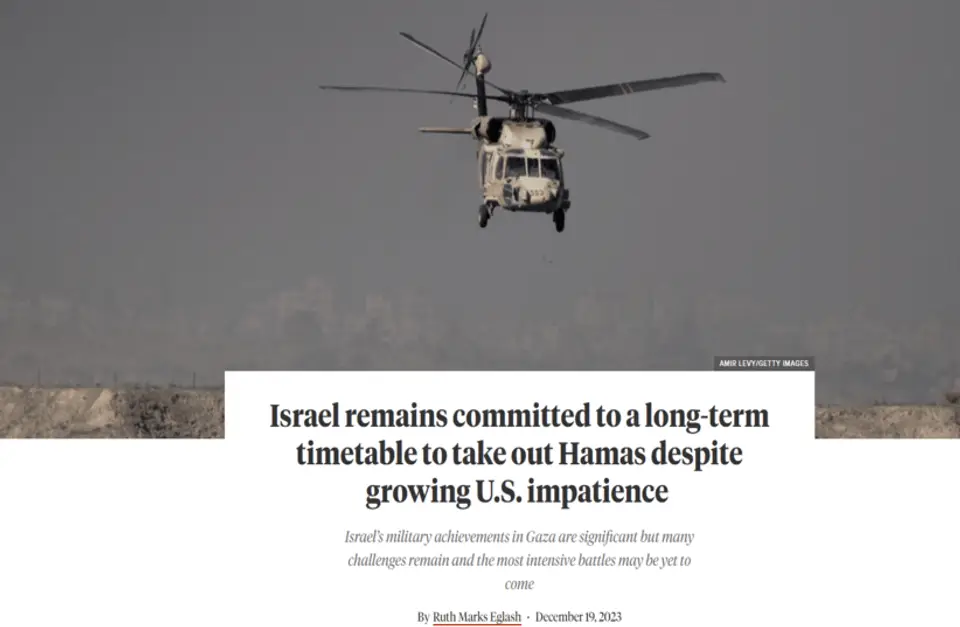 Israeli military helicopter over Gaza above a headline on Israel's long-term timetable