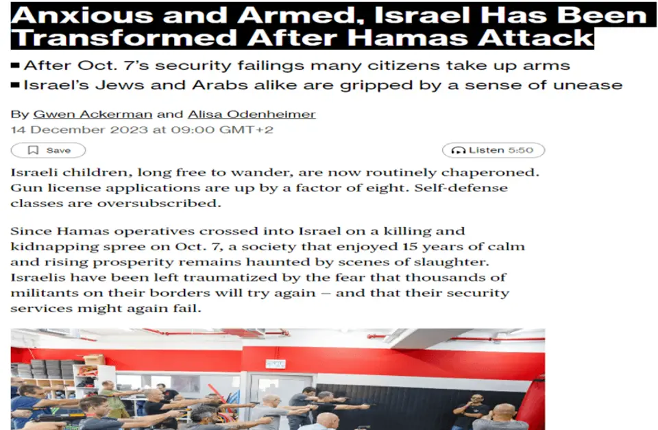 Article headline on Israel after the Hamas attack, with Israelis at a shooting class
